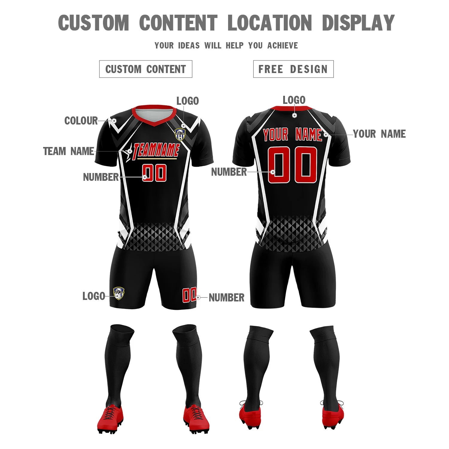 Custom Black White Geometric Training Uniform Soccer Sets Jersey