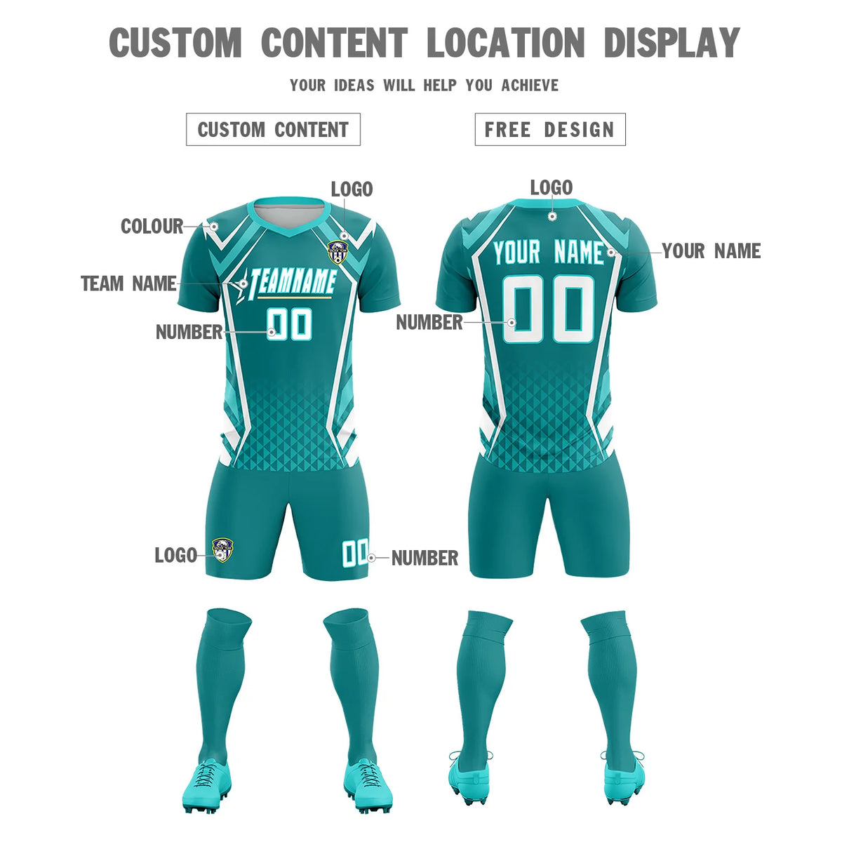 Custom Aqua White Geometric Training Uniform Soccer Sets Jersey
