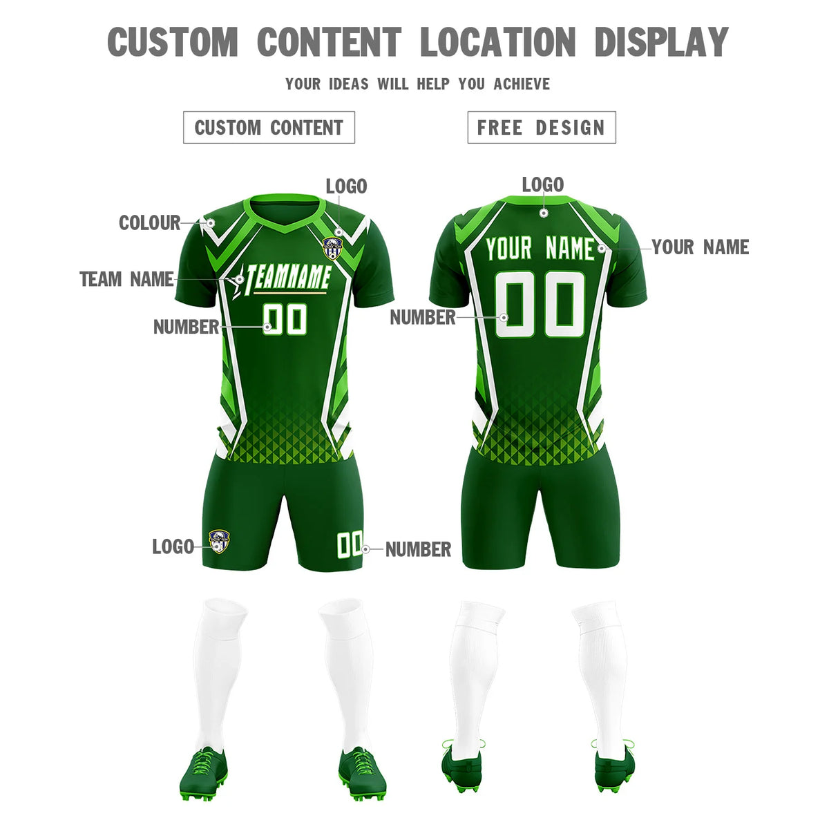 Custom Kelly Green White Geometric Training Uniform Soccer Sets Jersey