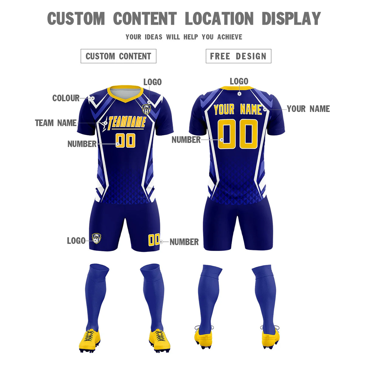 Custom Royal Blue White Geometric Training Uniform Soccer Sets Jersey