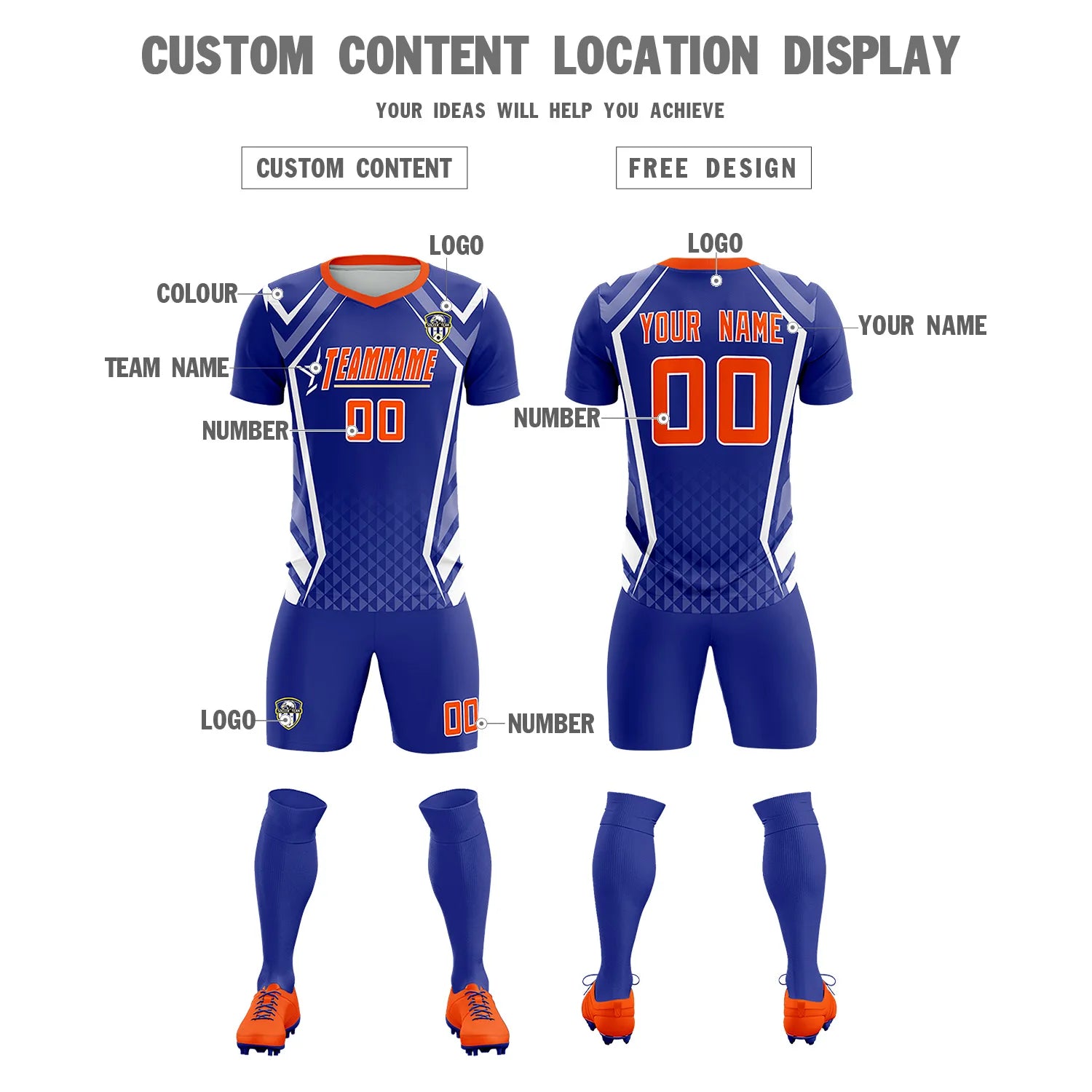 Custom Royal Blue White Geometric Training Uniform Soccer Sets Jersey