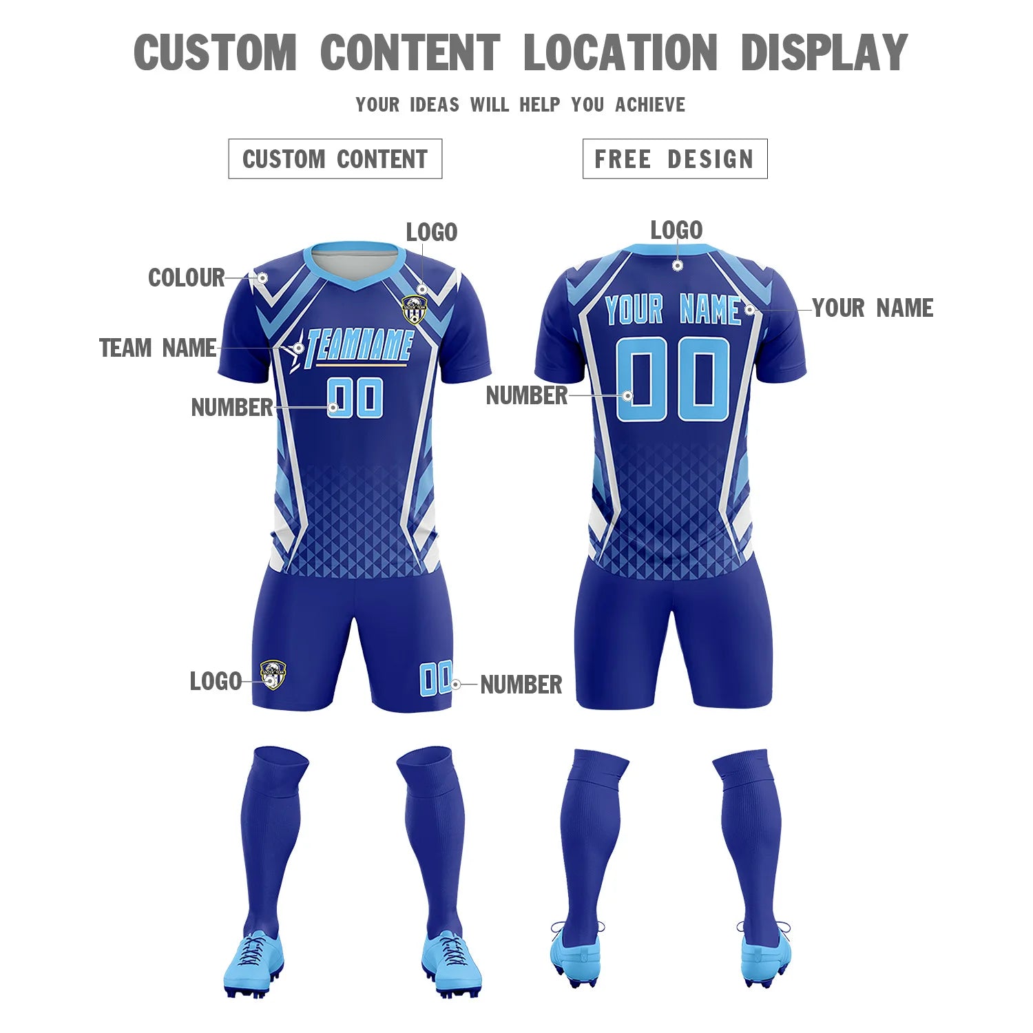 Custom Royal Blue White Geometric Training Uniform Soccer Sets Jersey