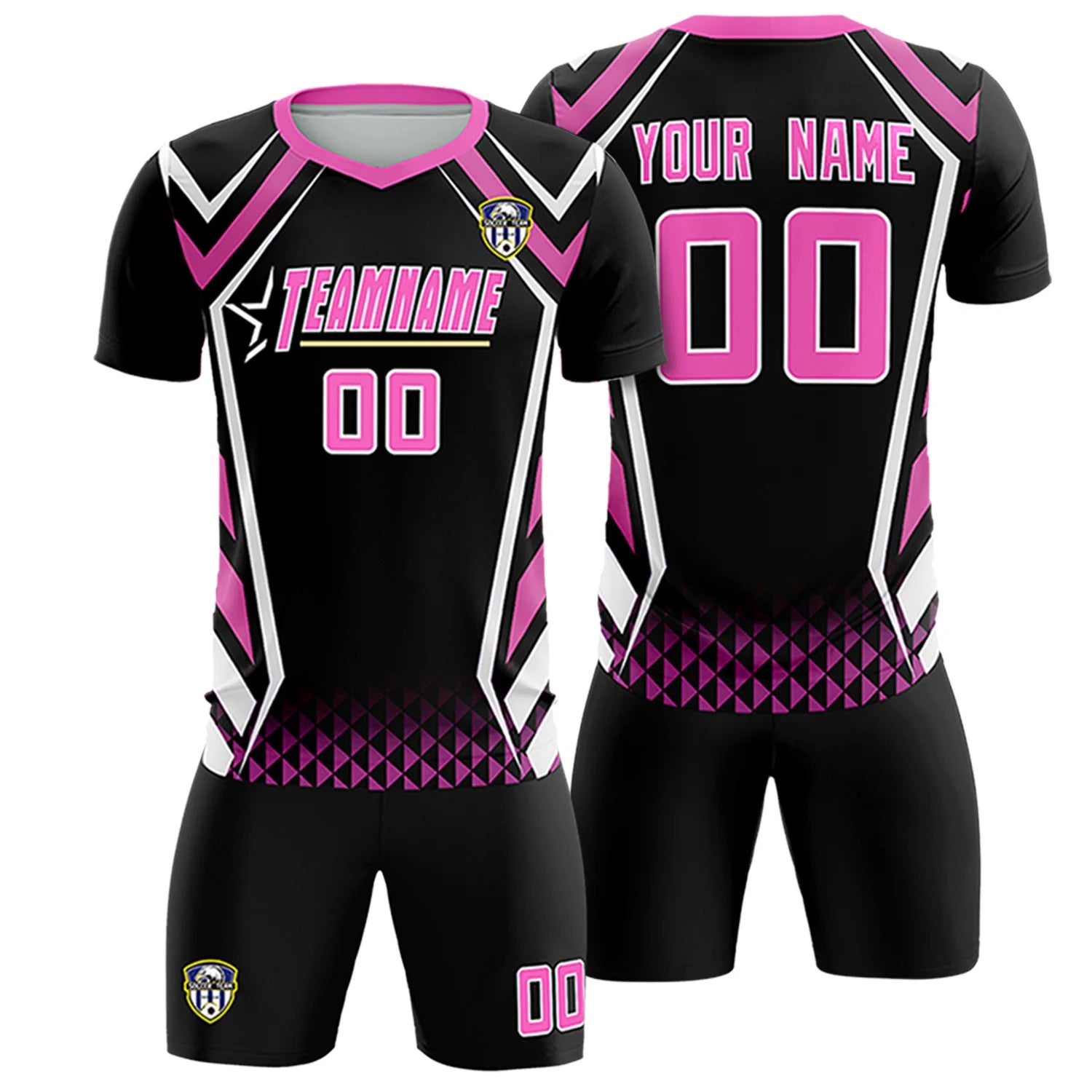 Custom Black Pink Geometric Training Uniform Soccer Sets Jersey