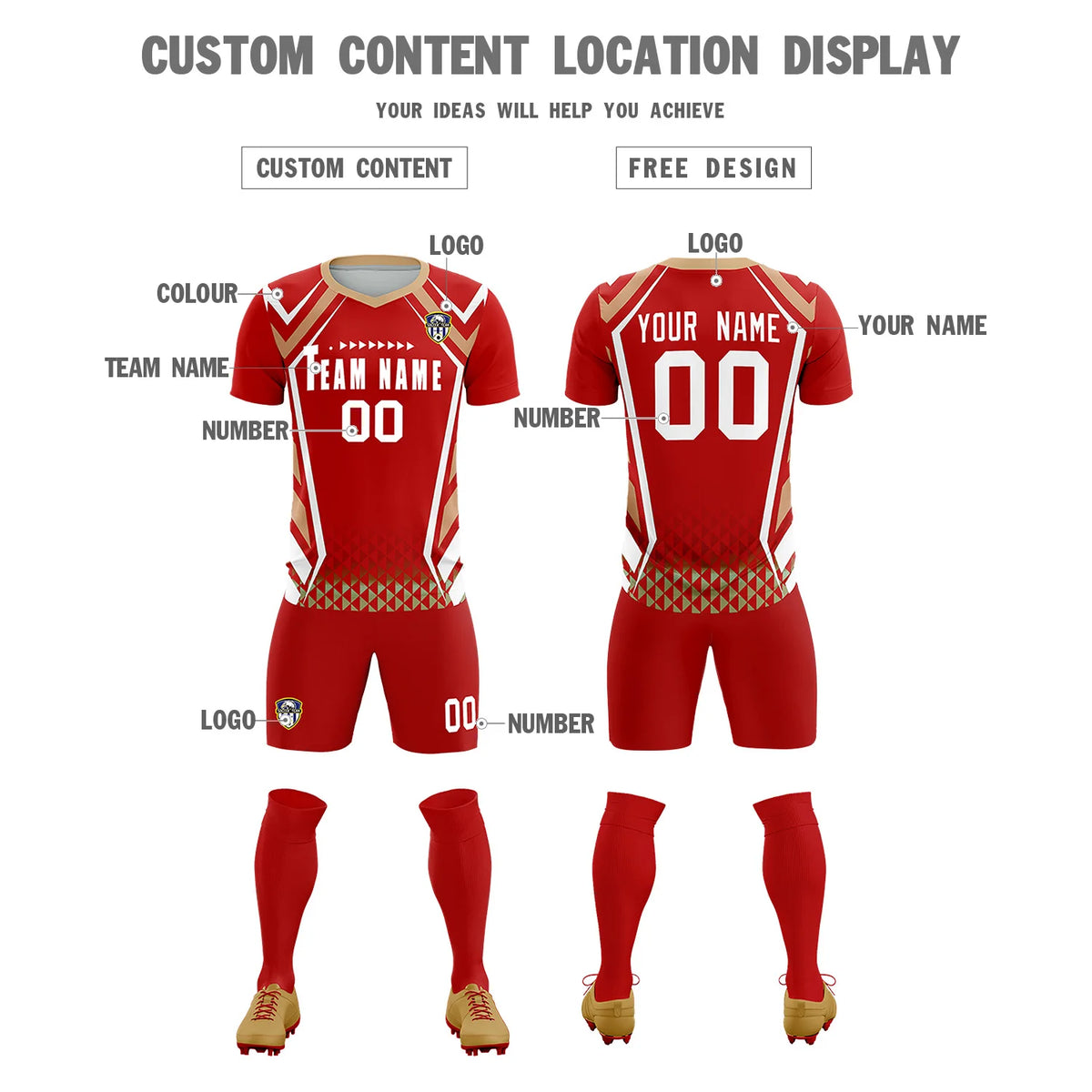 Custom Red White Geometric Training Uniform Soccer Sets Jersey