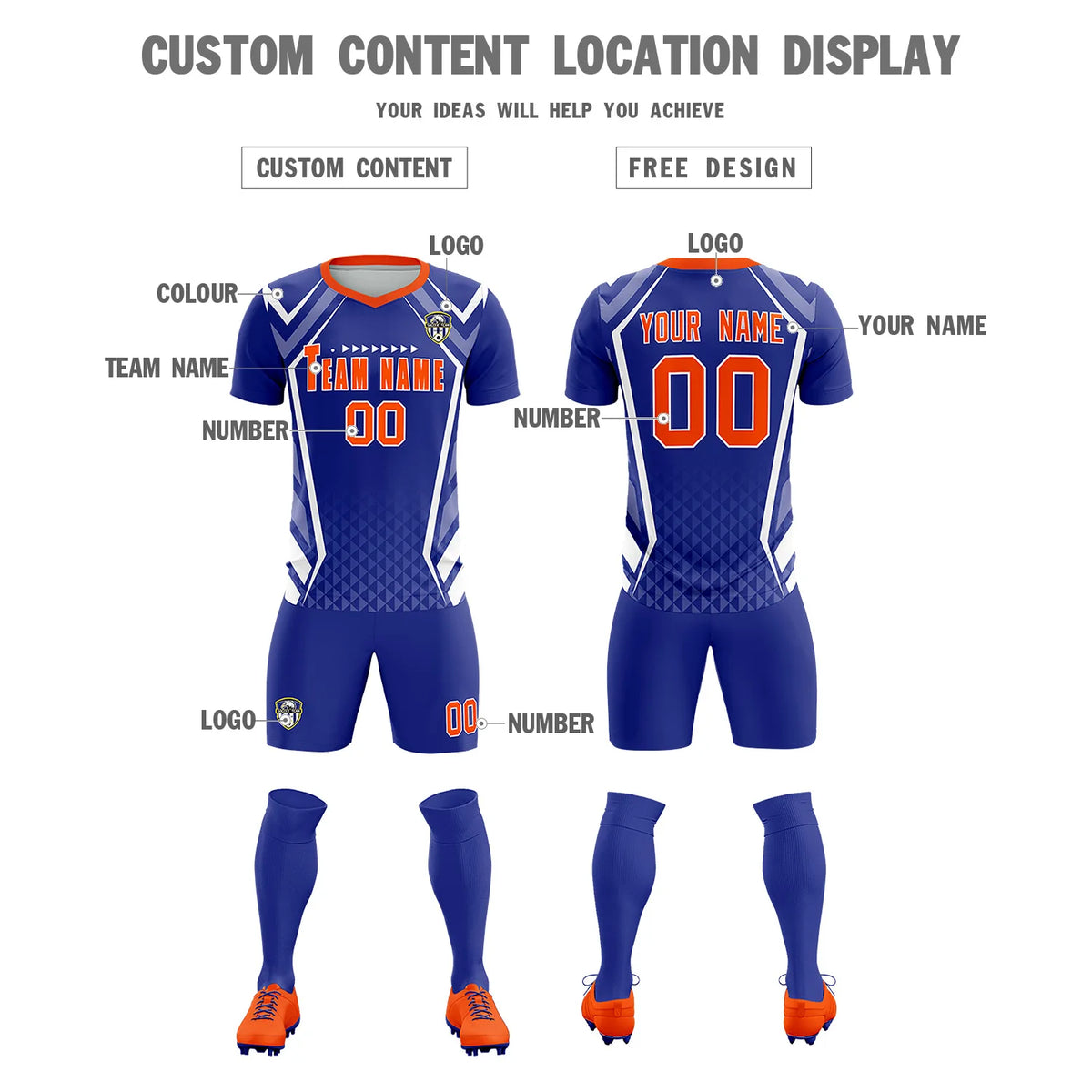 Custom Royal Blue White Geometric Training Uniform Soccer Sets Jersey