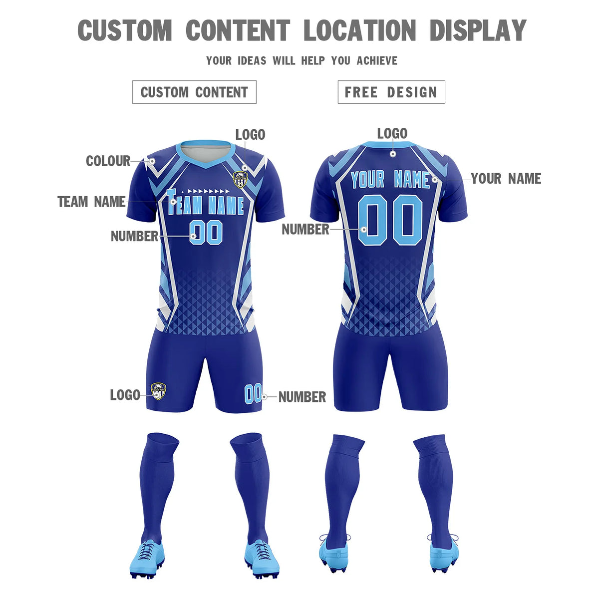 Custom Royal Blue White Geometric Training Uniform Soccer Sets Jersey