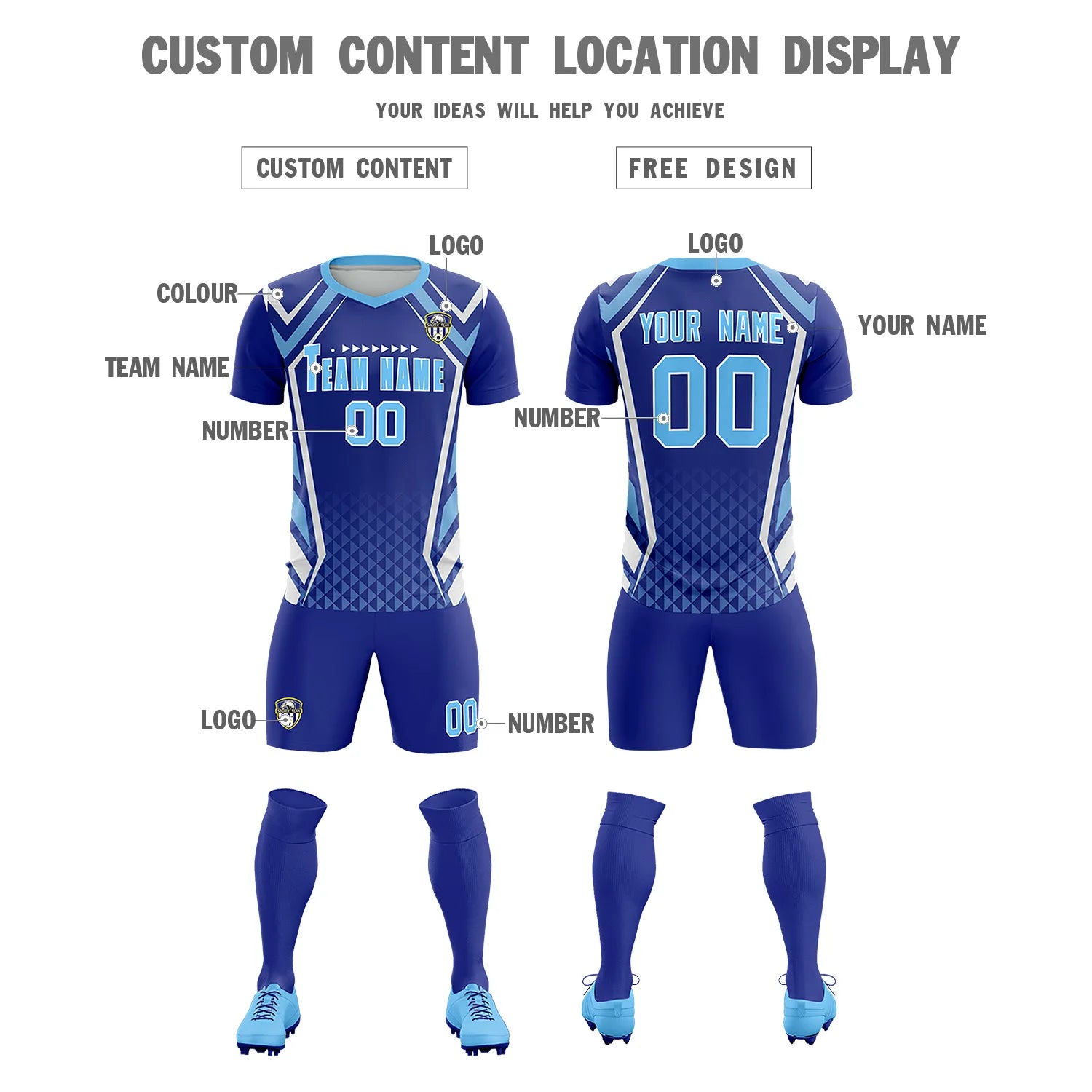 Custom Royal Blue White Geometric Training Uniform Soccer Sets Jersey