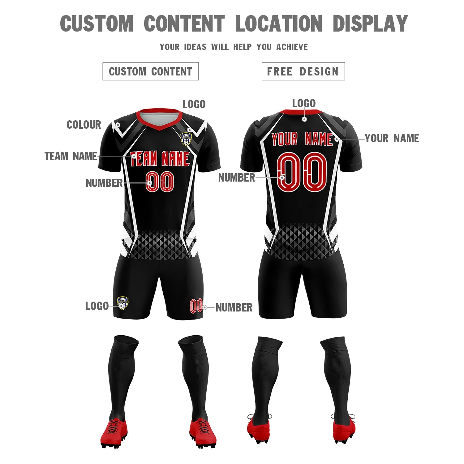 Custom Black White Geometric Training Uniform Soccer Sets Jersey