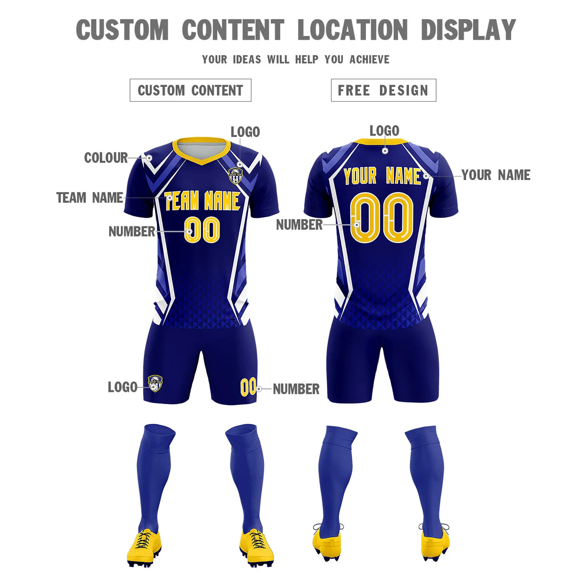 Custom Royal Blue White Geometric Training Uniform Soccer Sets Jersey