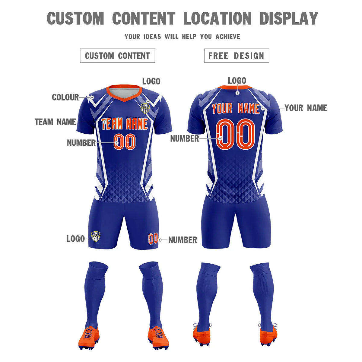 Custom Royal Blue White Geometric Training Uniform Soccer Sets Jersey
