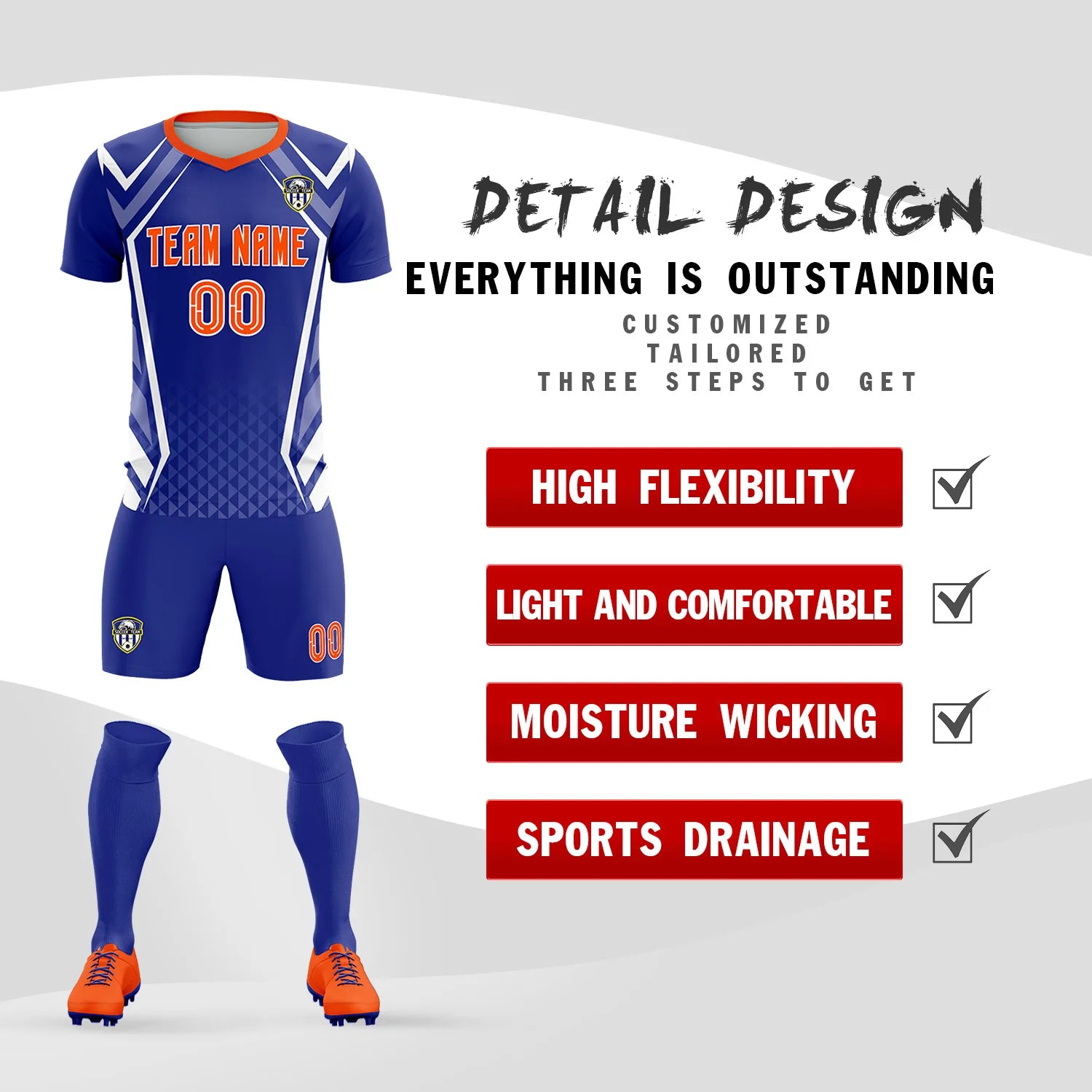 Custom Royal Blue White Geometric Training Uniform Soccer Sets Jersey