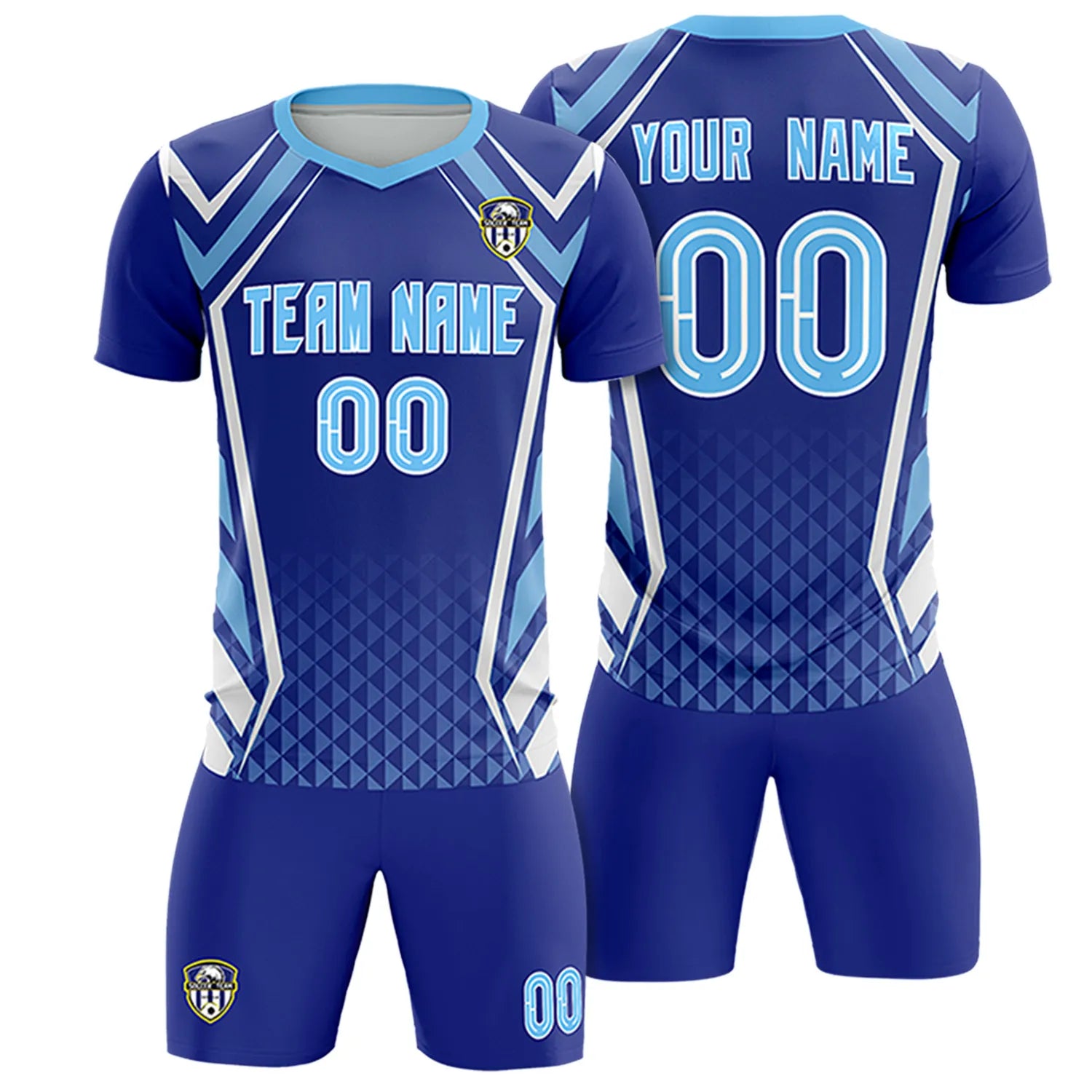 Custom Royal Blue White Geometric Training Uniform Soccer Sets Jersey