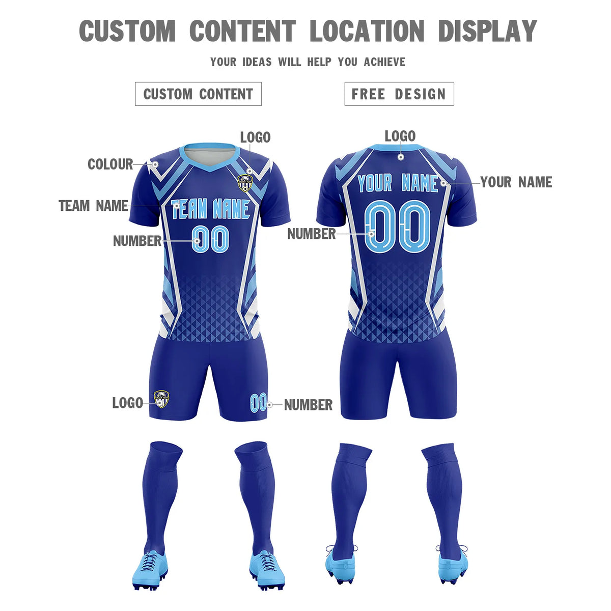 Custom Royal Blue White Geometric Training Uniform Soccer Sets Jersey