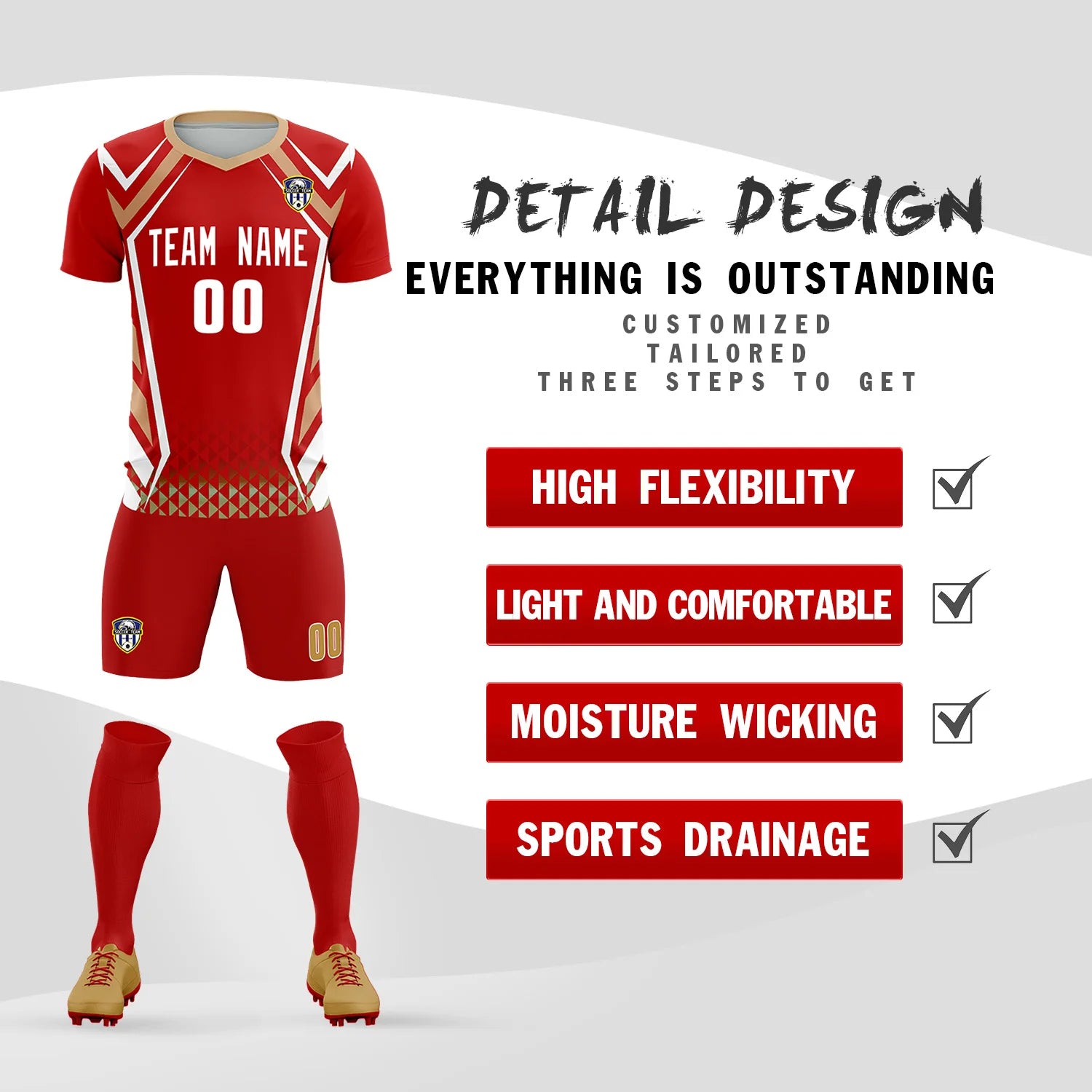 Custom Red White Geometric Training Uniform Soccer Sets Jersey