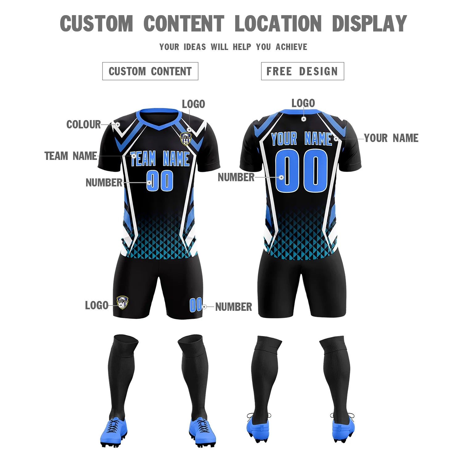 Custom Black White Geometric Training Uniform Soccer Sets Jersey