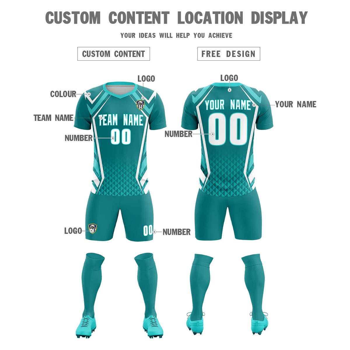 Custom Aqua White Geometric Training Uniform Soccer Sets Jersey