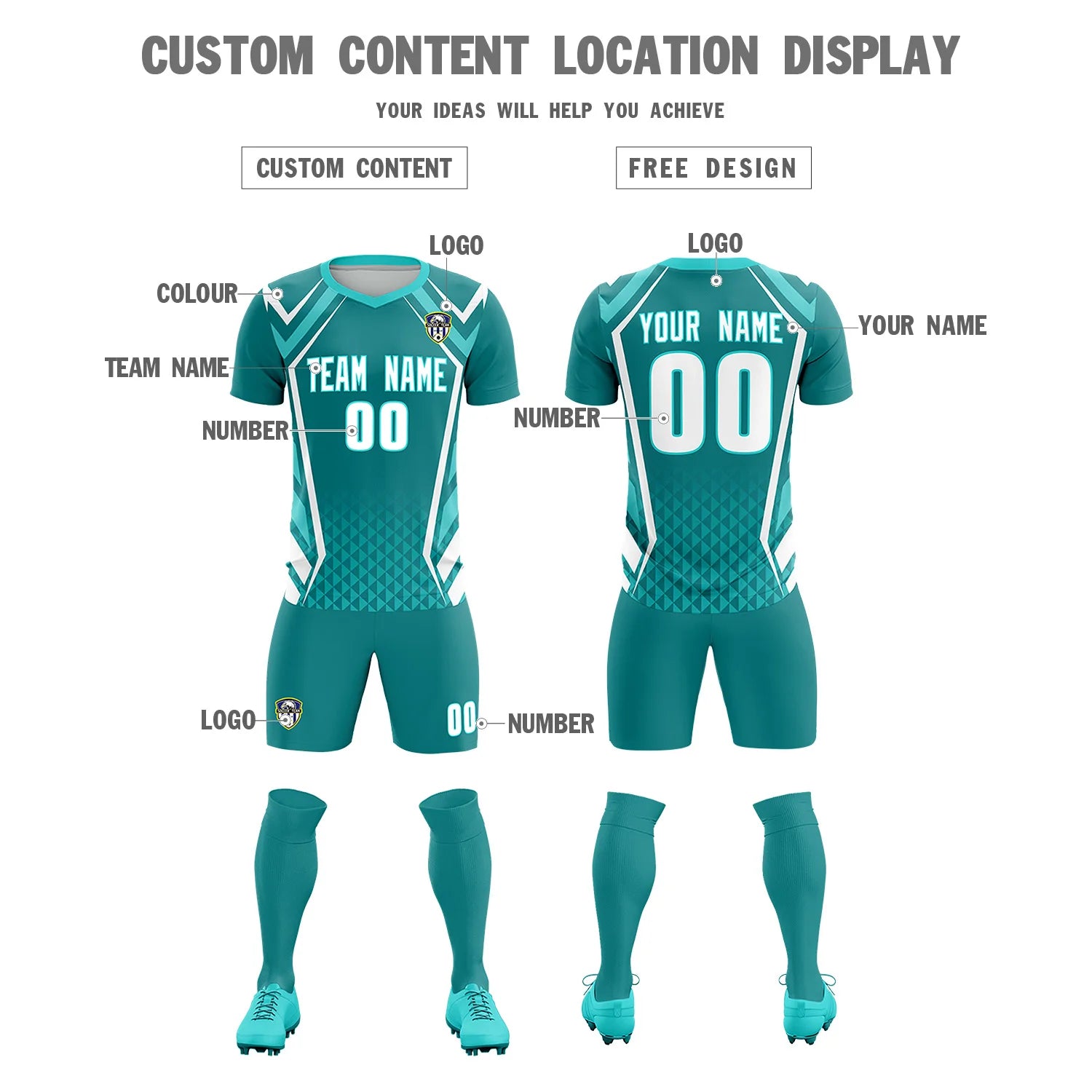 Custom Aqua White Geometric Training Uniform Soccer Sets Jersey