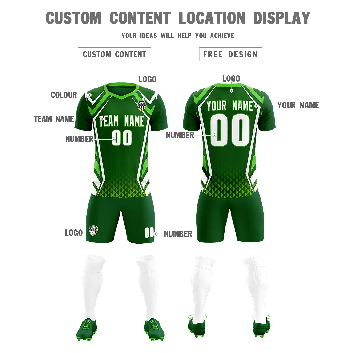 Custom Kelly Green White Geometric Training Uniform Soccer Sets Jersey