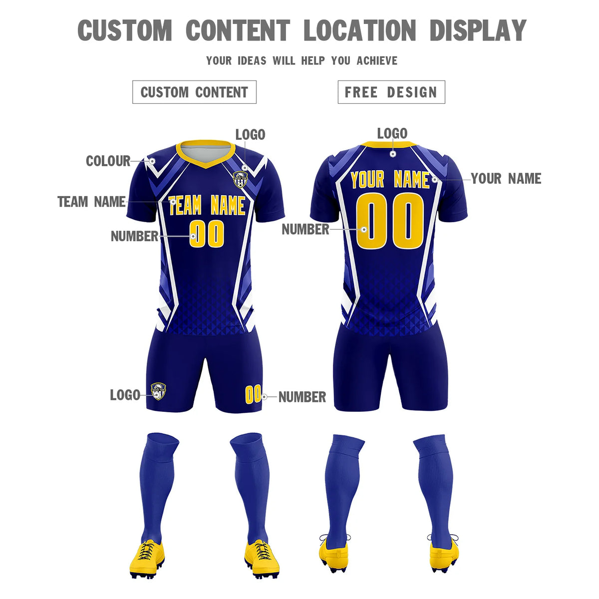 Custom Royal Blue White Geometric Training Uniform Soccer Sets Jersey