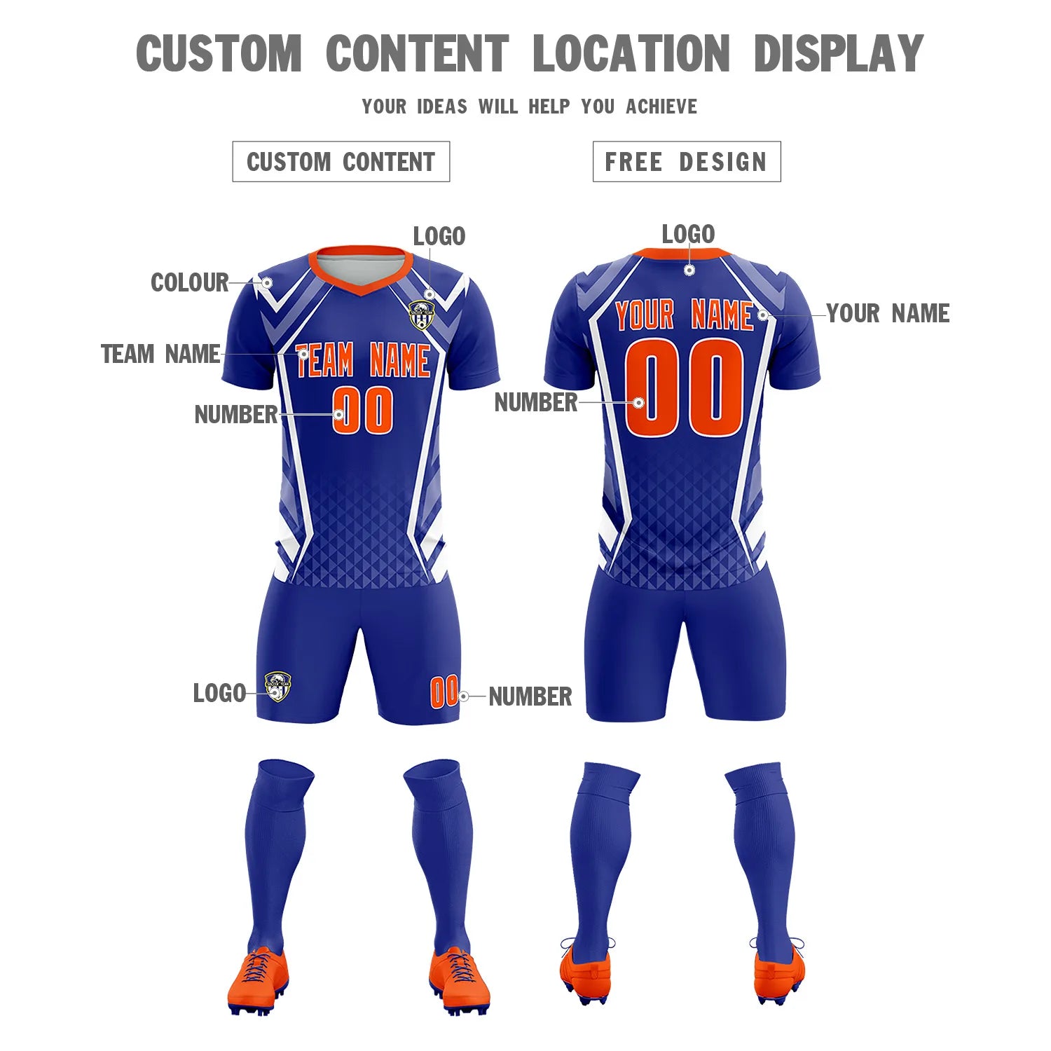 Custom Royal Blue White Geometric Training Uniform Soccer Sets Jersey