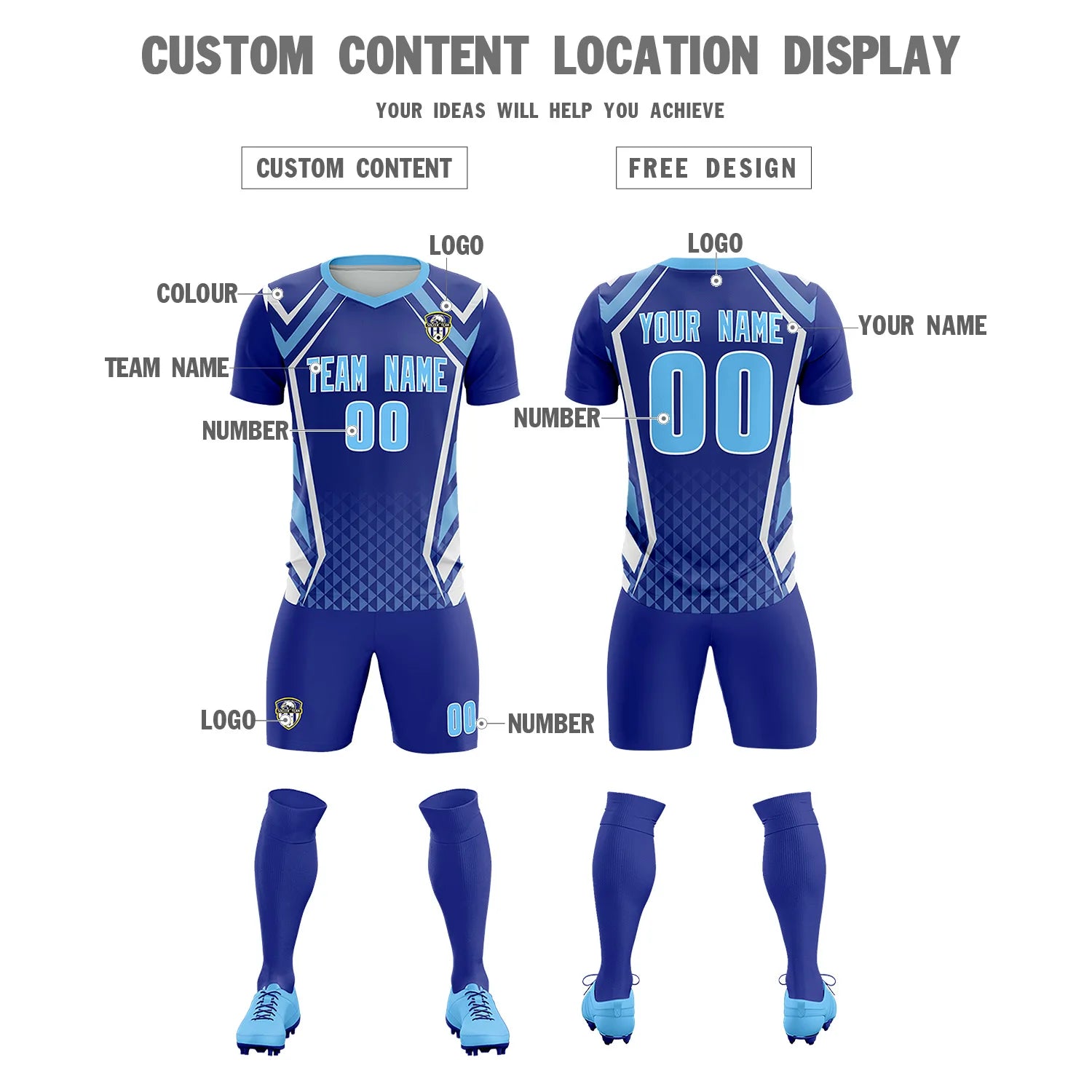 Custom Royal Blue White Geometric Training Uniform Soccer Sets Jersey