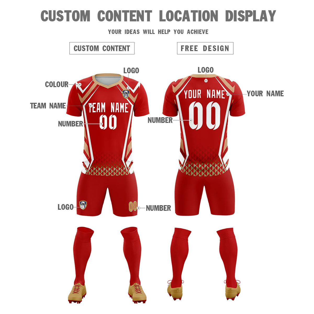 Custom Red White Geometric Training Uniform Soccer Sets Jersey