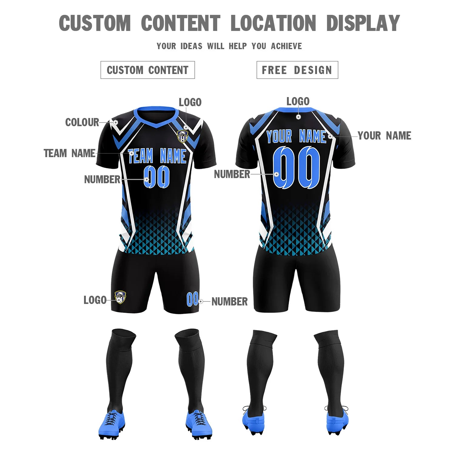 Custom Black White Geometric Training Uniform Soccer Sets Jersey