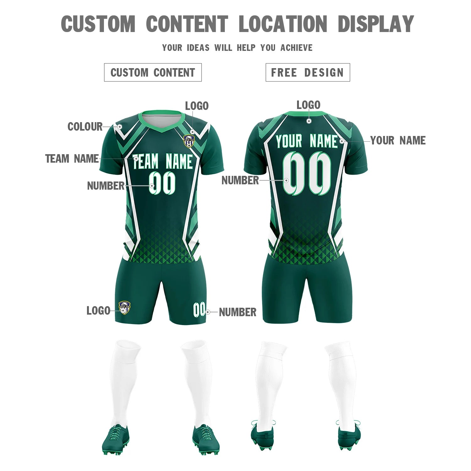 Custom Midnight Green White Geometric Training Uniform Soccer Sets Jersey