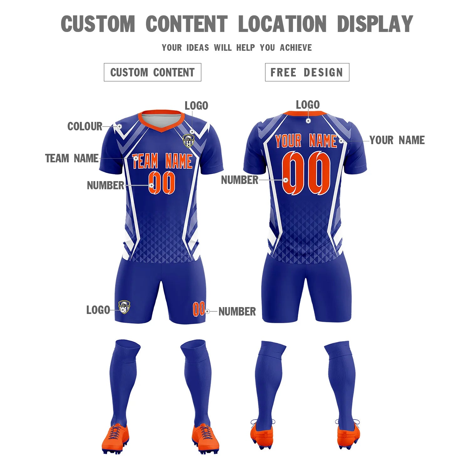 Custom Royal Blue White Geometric Training Uniform Soccer Sets Jersey