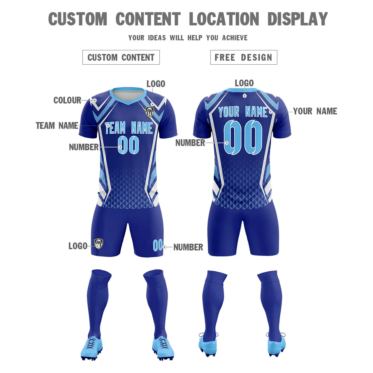 Custom Royal Blue White Geometric Training Uniform Soccer Sets Jersey