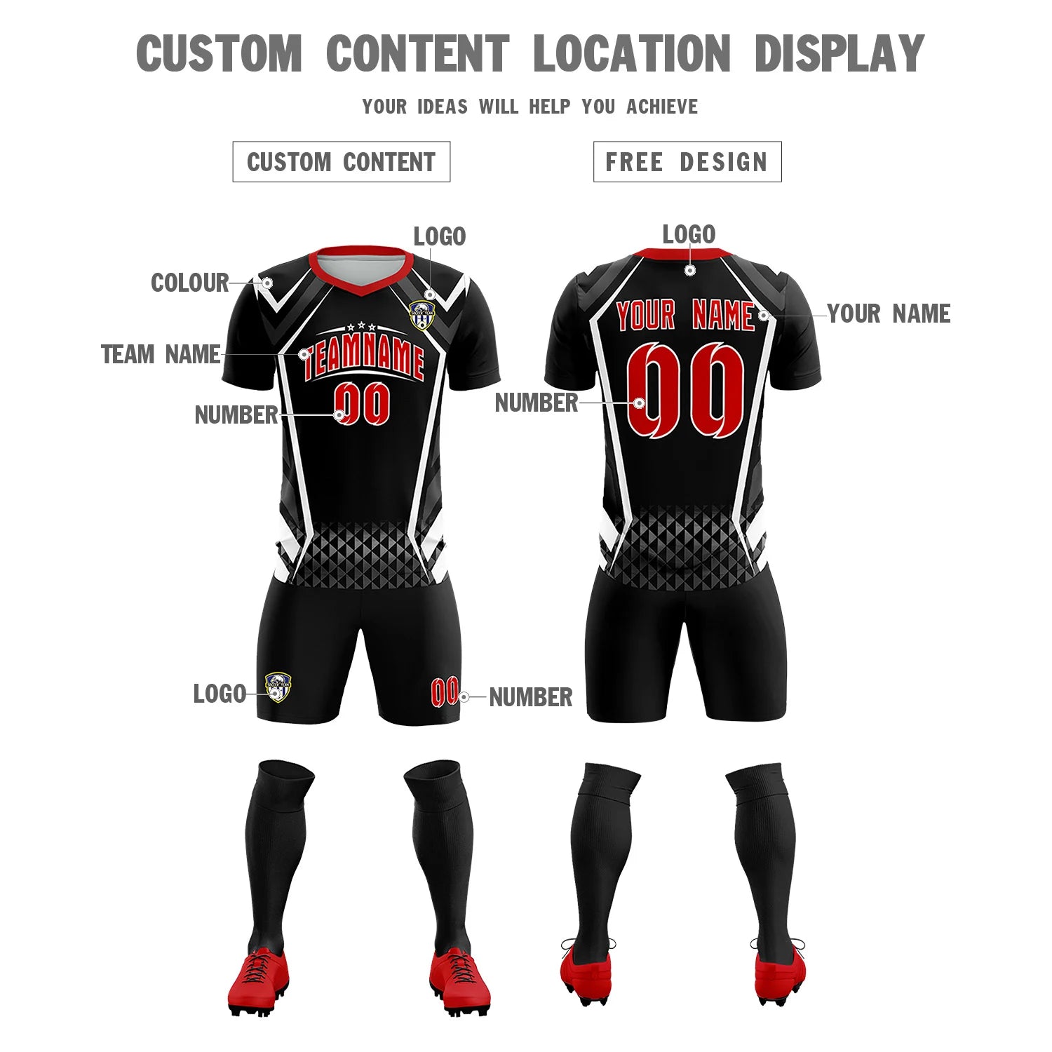 Custom Black White Geometric Training Uniform Soccer Sets Jersey