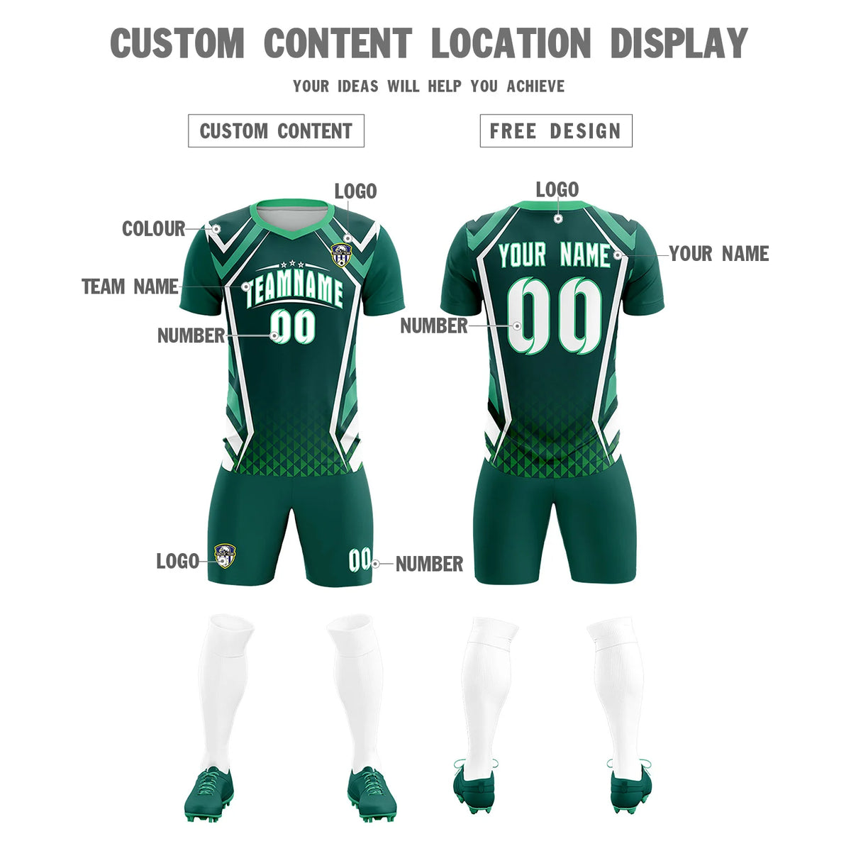 Custom Midnight Green White Geometric Training Uniform Soccer Sets Jersey