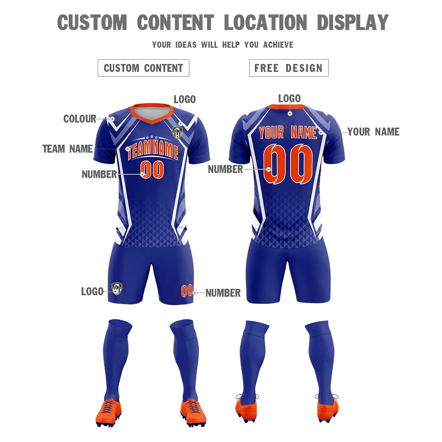 Custom Royal Blue White Geometric Training Uniform Soccer Sets Jersey