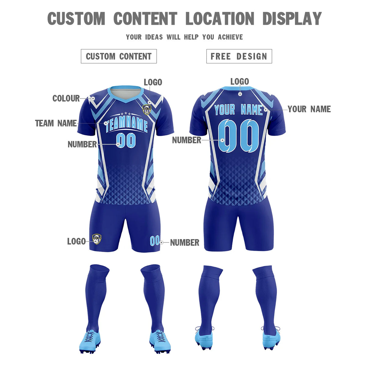 Custom Royal Blue White Geometric Training Uniform Soccer Sets Jersey