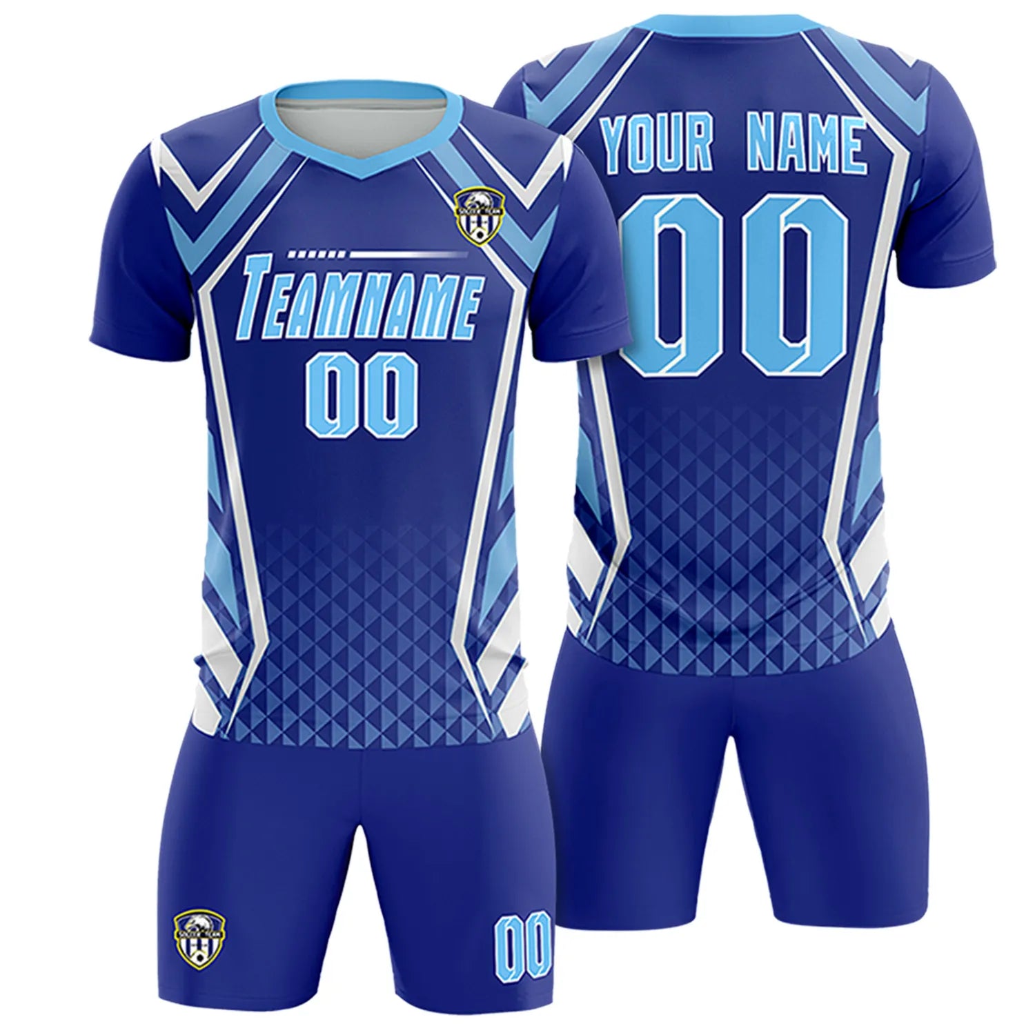 Custom Royal Blue White Geometric Training Uniform Soccer Sets Jersey
