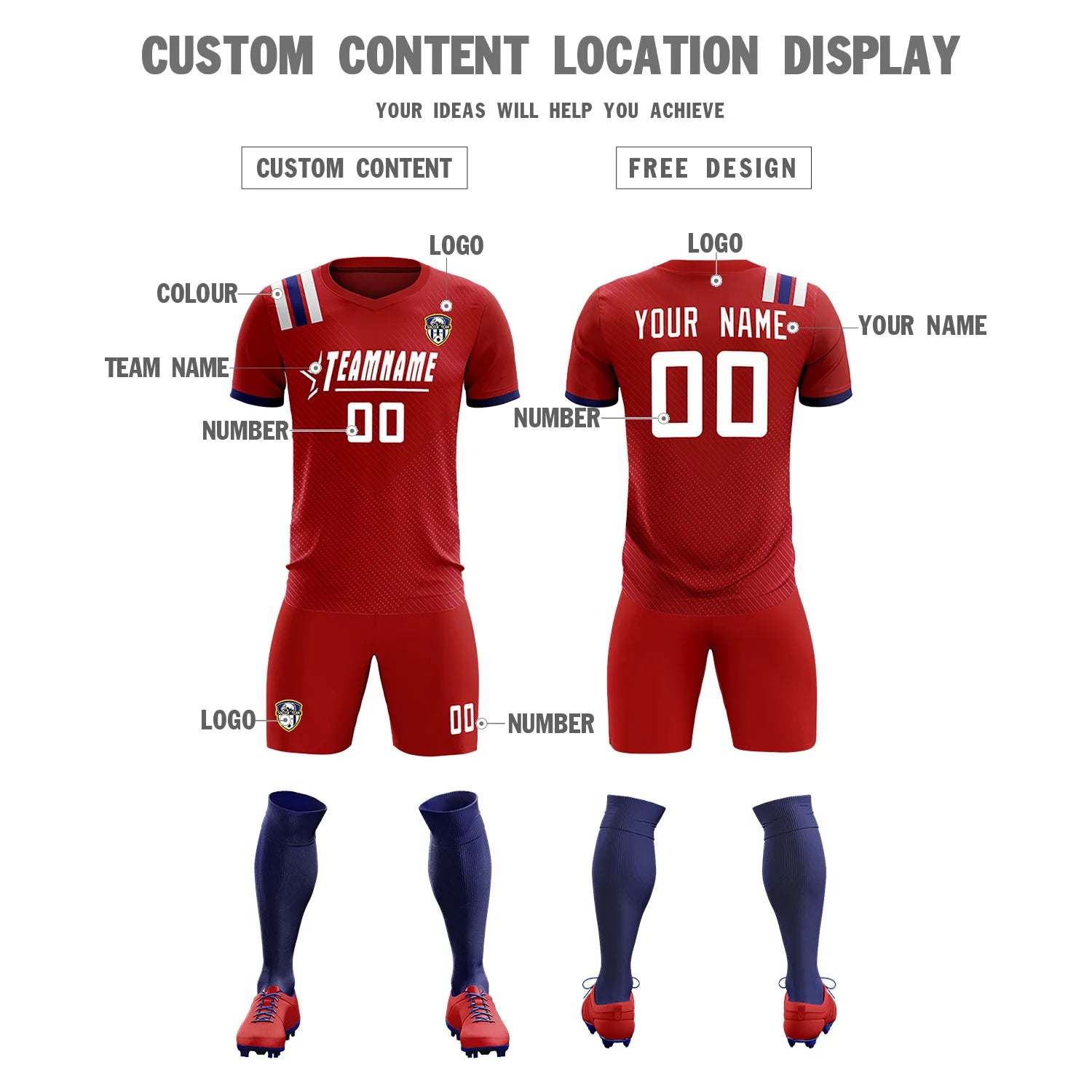 Custom Red White Shoulder Stripes Sport Soccer Sets Jersey
