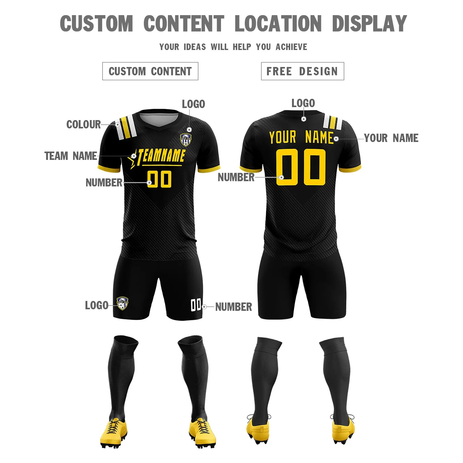 Custom Black Gold Shoulder Stripes Sport Soccer Sets Jersey