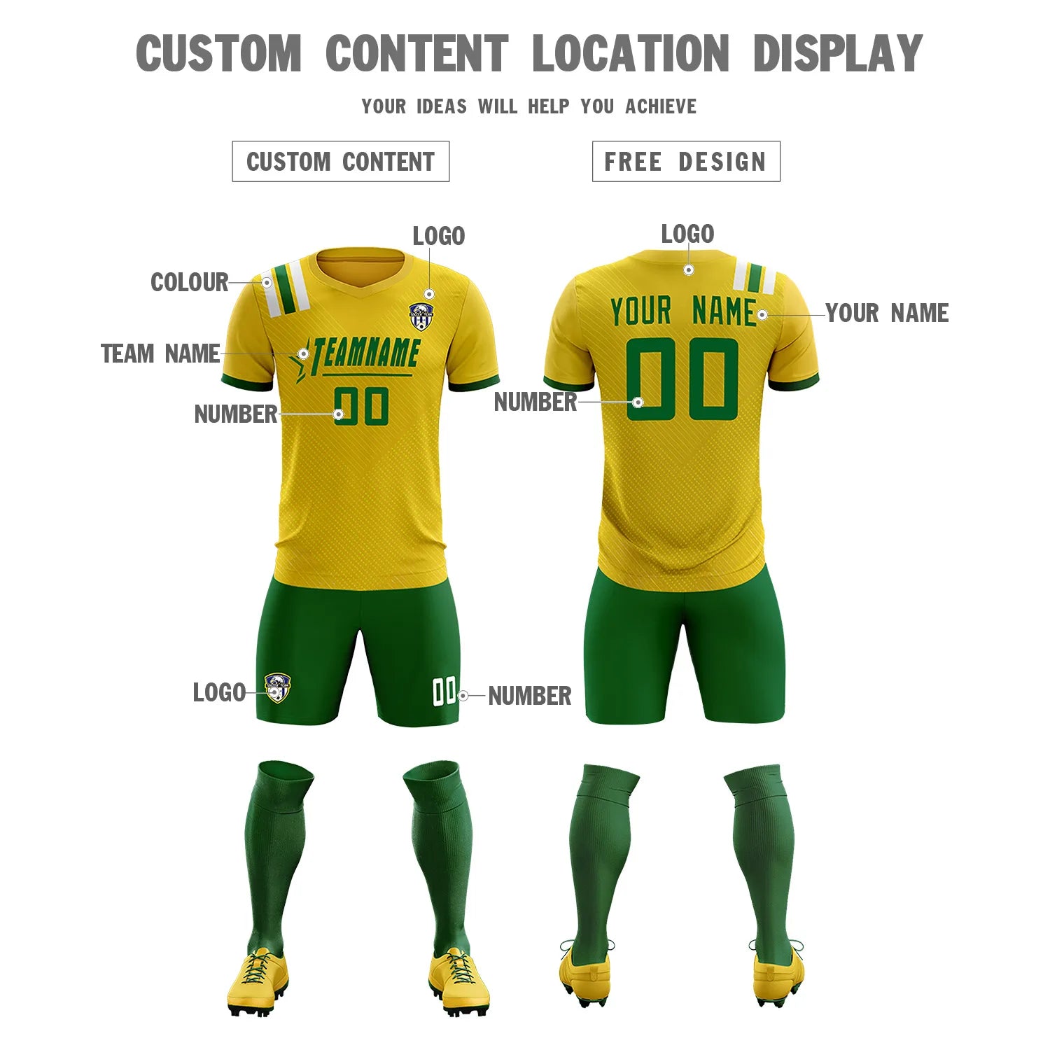 Custom Gold Green Shoulder Stripes Sport Soccer Sets Jersey