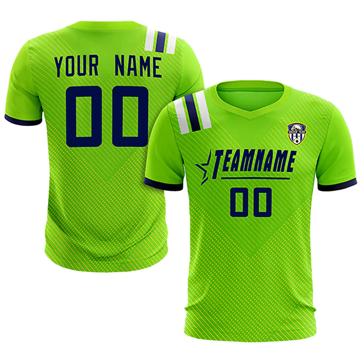 Custom Neon Green Navy Shoulder Stripes Sport Soccer Sets Jersey