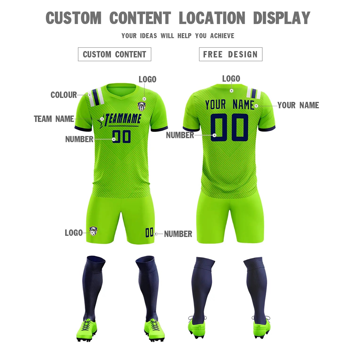 Custom Neon Green Navy Shoulder Stripes Sport Soccer Sets Jersey