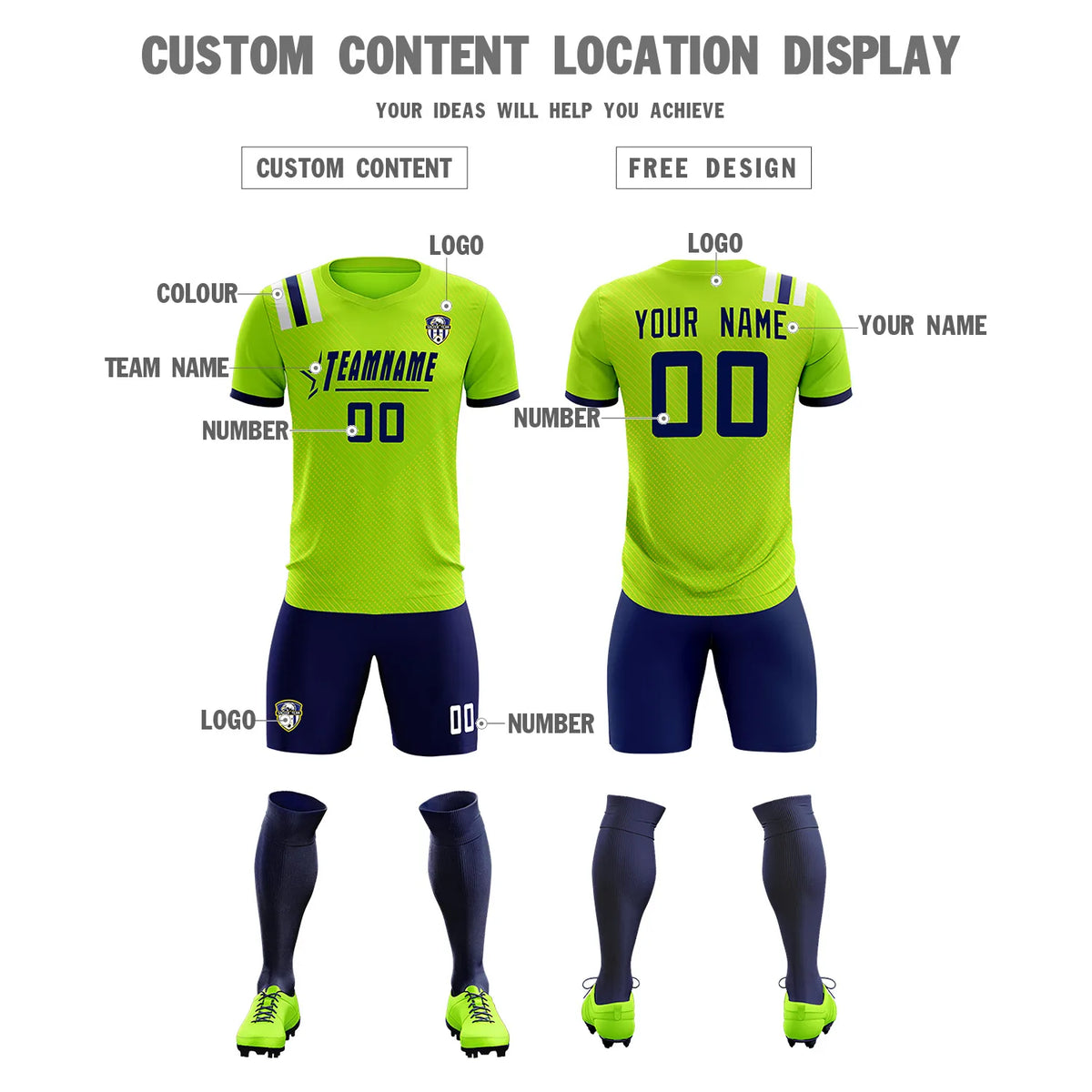 Custom Neon Green Navy Shoulder Stripes Sport Soccer Sets Jersey