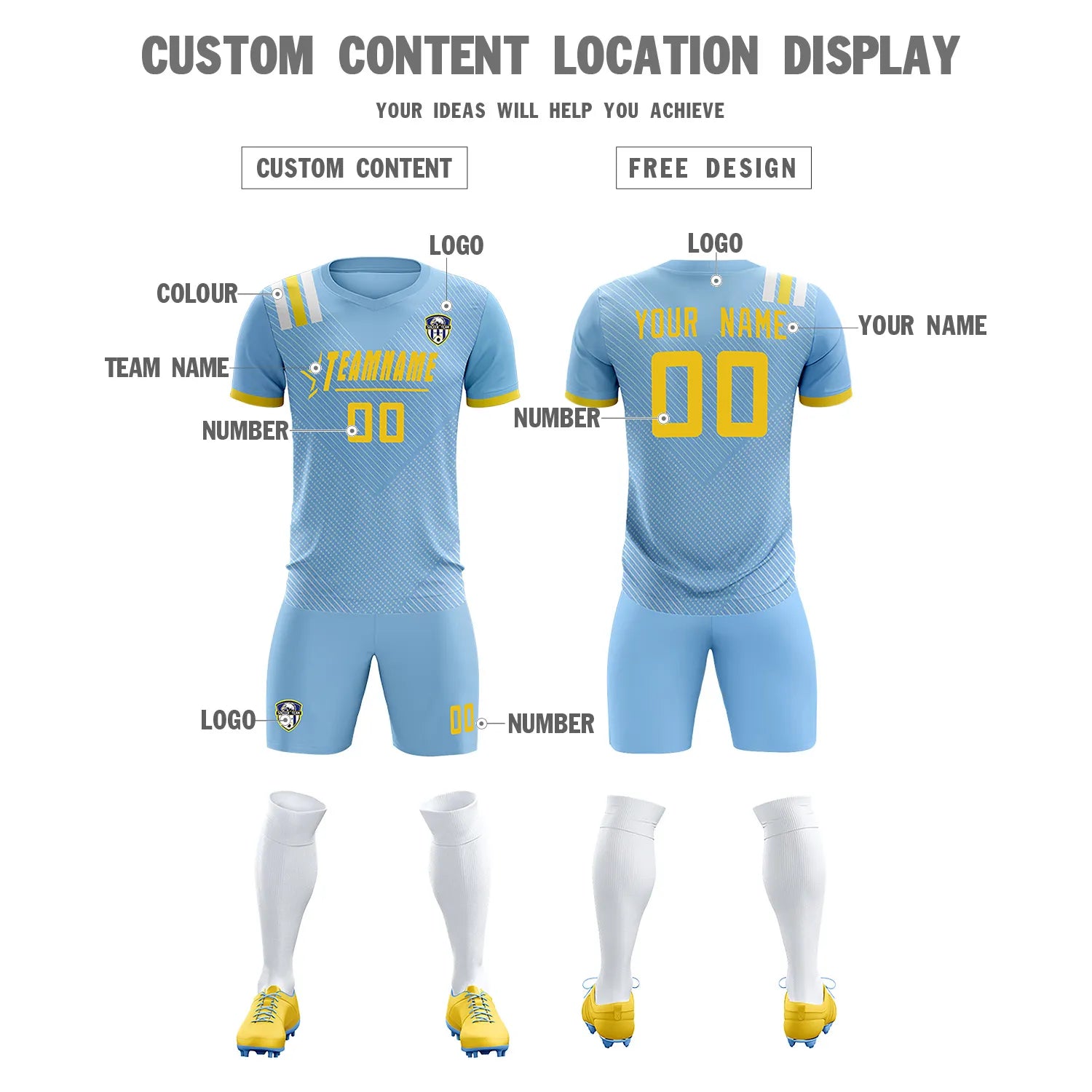 Custom Light Blue Gold Shoulder Stripes Sport Soccer Sets Jersey