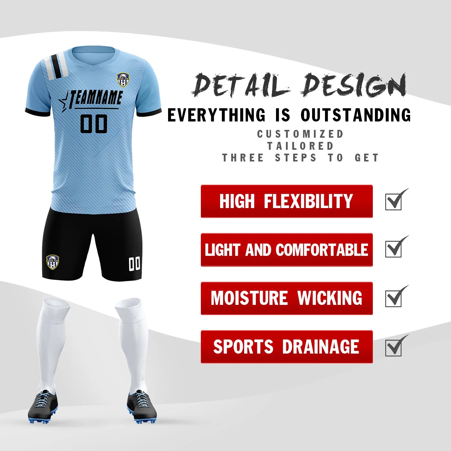 Custom Light Blue Black Shoulder Stripes Sport Soccer Sets Jersey