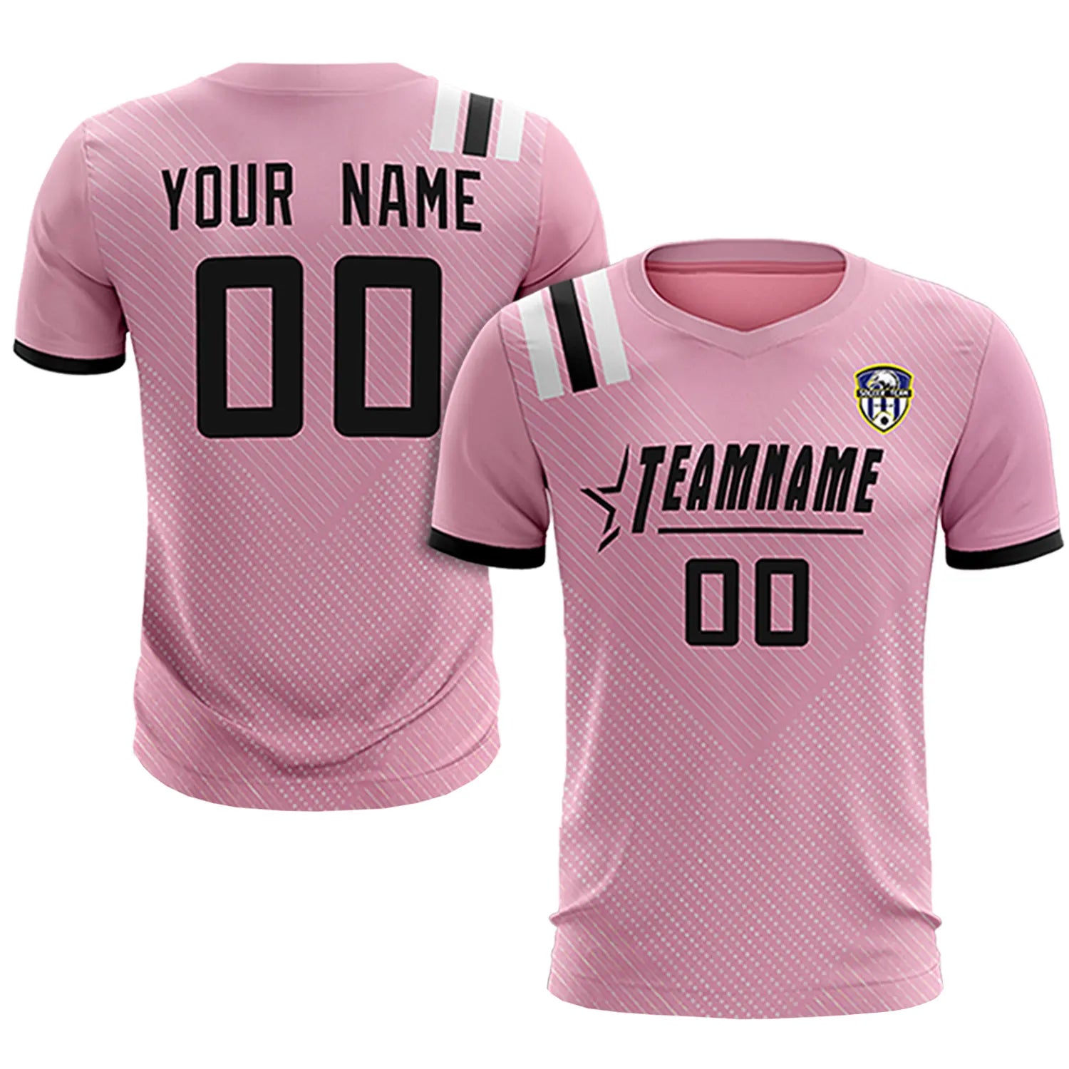 Custom Light Pink Black Shoulder Stripes Sport Soccer Sets Jersey