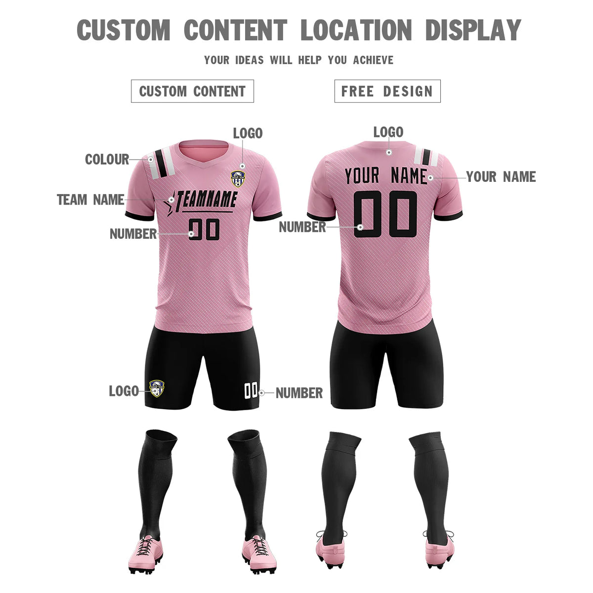 Custom Light Pink Black Shoulder Stripes Sport Soccer Sets Jersey