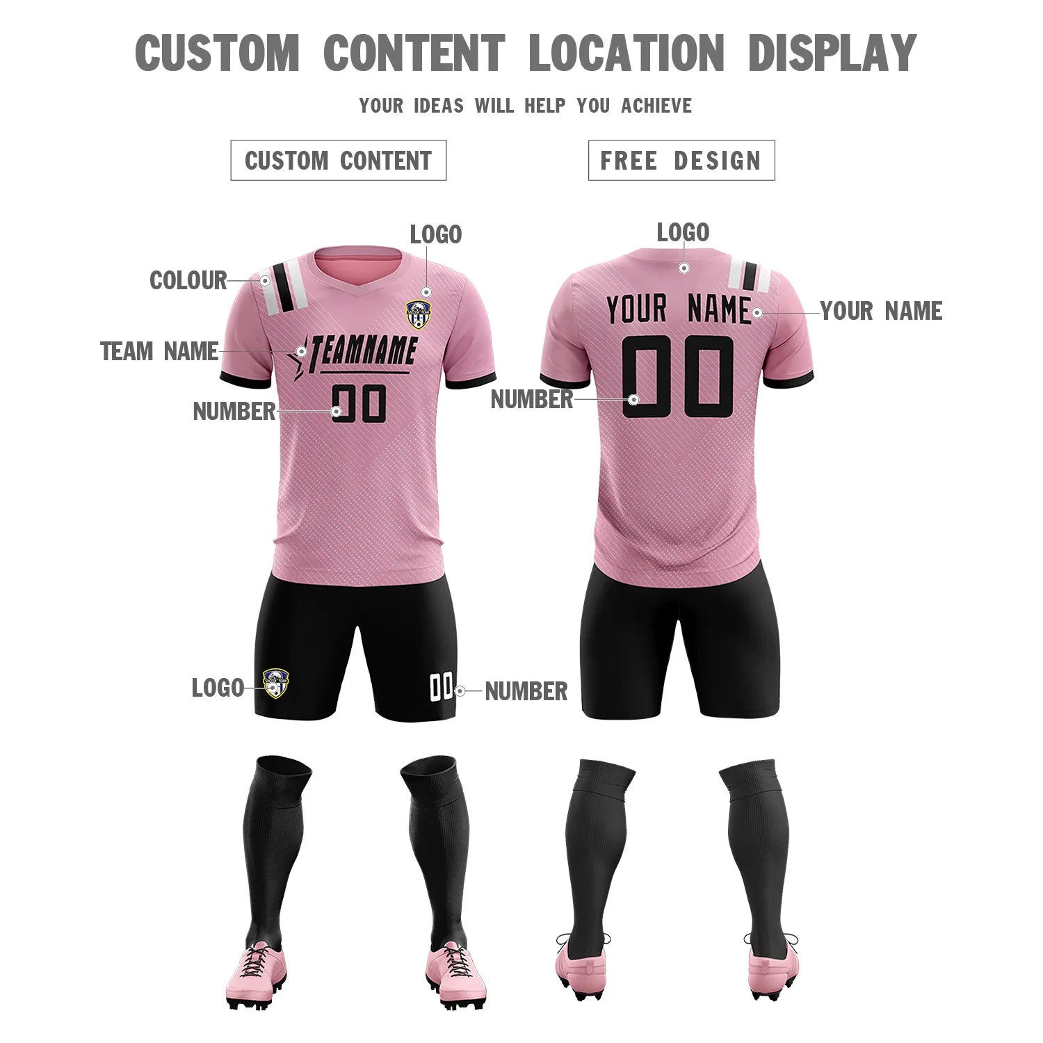 Custom Light Pink Black Shoulder Stripes Sport Soccer Sets Jersey