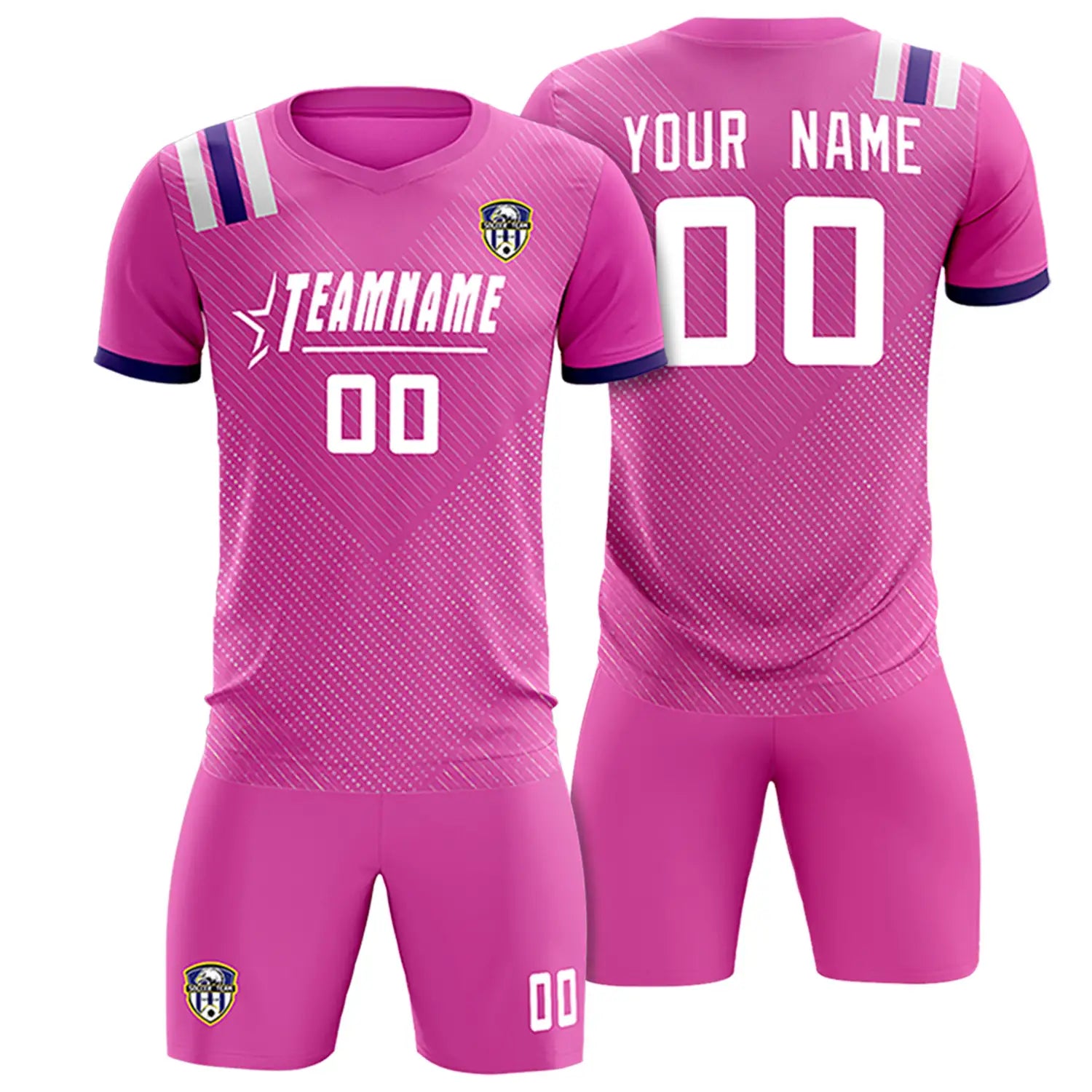 Custom Pink White Shoulder Stripes Sport Soccer Sets Jersey