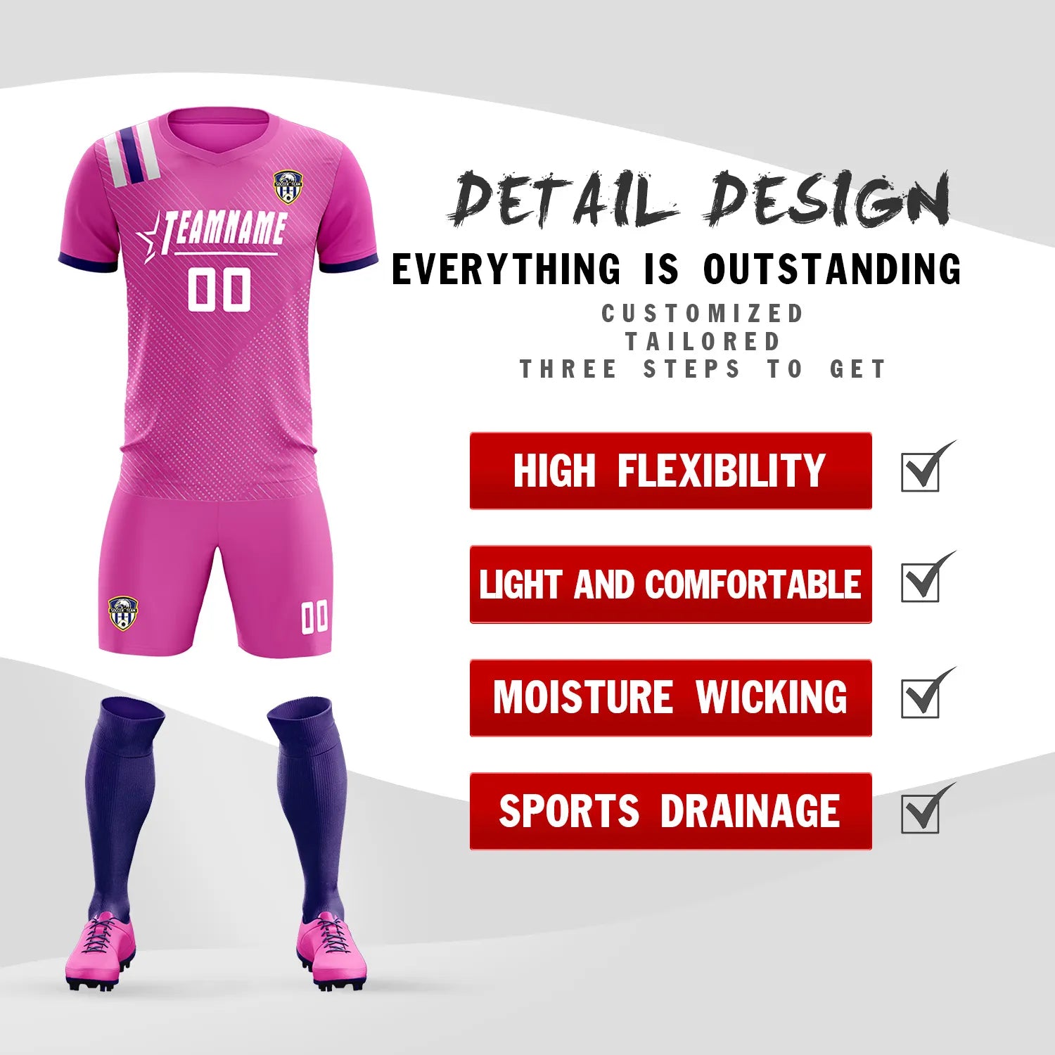 Custom Pink White Shoulder Stripes Sport Soccer Sets Jersey