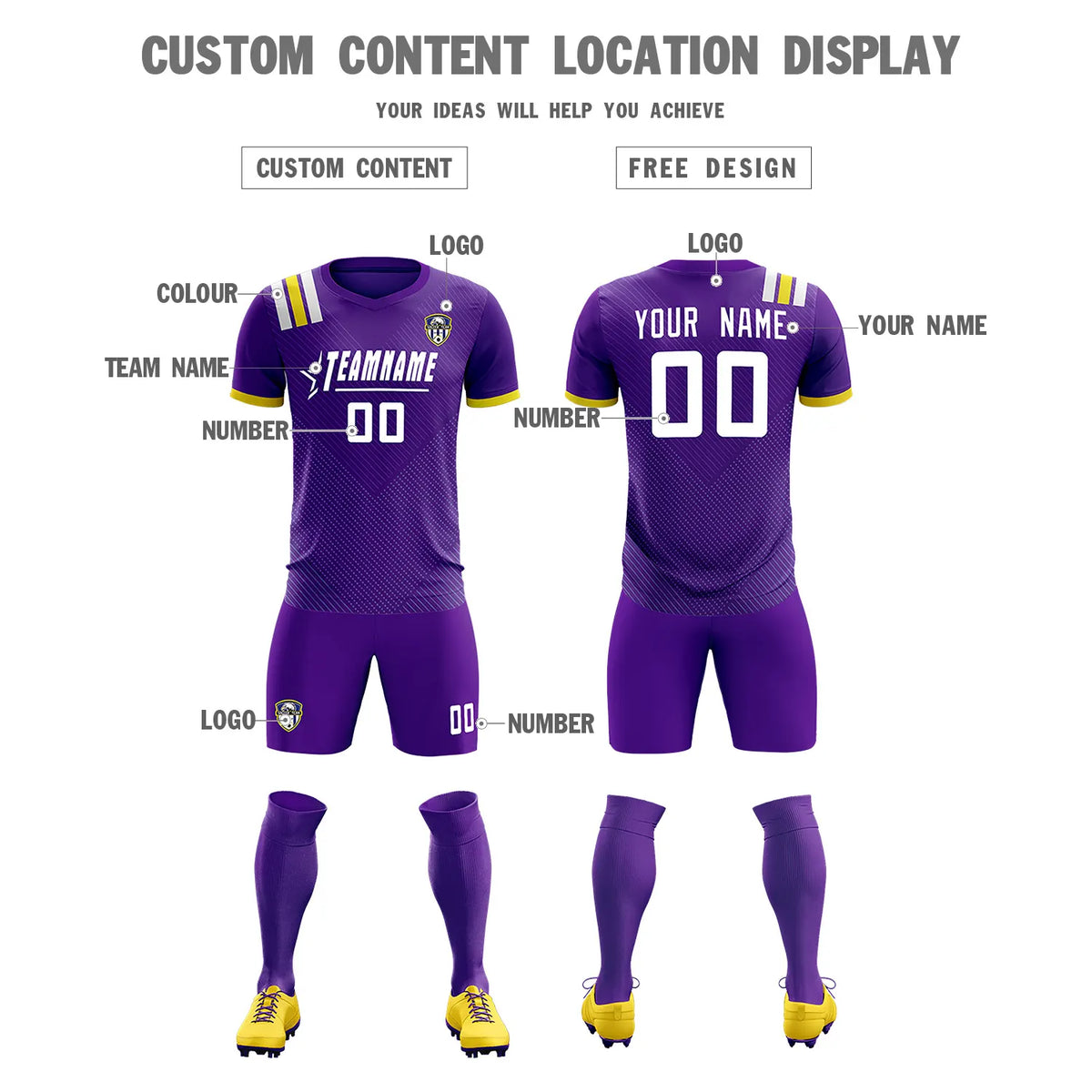 Custom Purple White Shoulder Stripes Sport Soccer Sets Jersey
