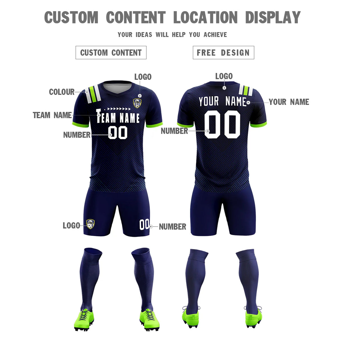 Custom Navy White Shoulder Stripes Sport Soccer Sets Jersey